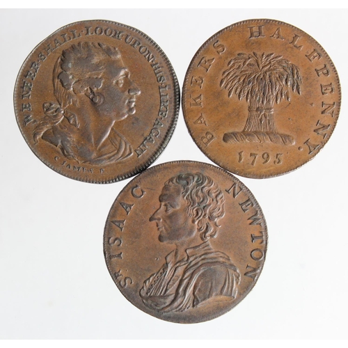 2517 - Tokens, 18th (3) Middlesex Halfpennies: Isaac Newton 1793 D&H #1033 GVF, Bakers 1795 D&H #297 GVF, a... 