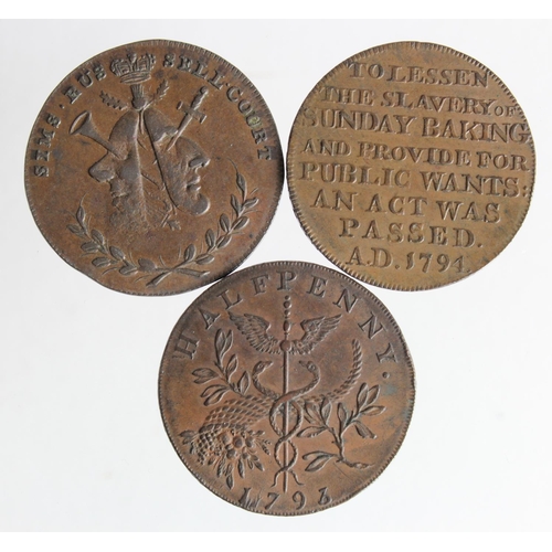 2517 - Tokens, 18th (3) Middlesex Halfpennies: Isaac Newton 1793 D&H #1033 GVF, Bakers 1795 D&H #297 GVF, a... 