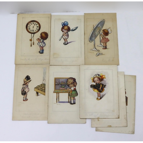 274 - Flora White (20th century) original artwork for postcards, on board, Little organ grinder, Here's a ... 