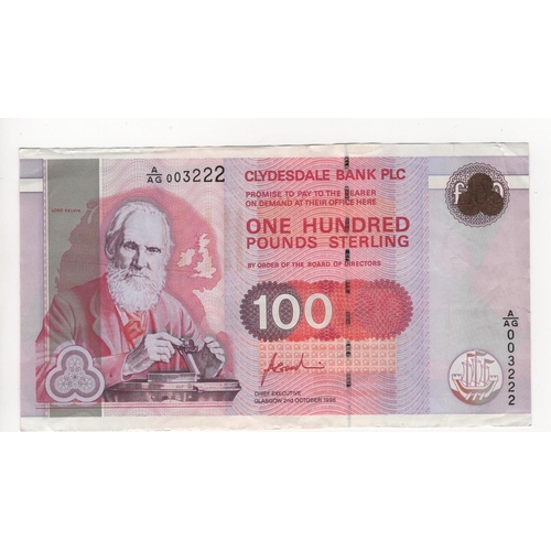 417 - Scotland, Clydesdale Bank 100 Pounds dated 2nd October 1996, signed Fred Goodwin, serial A/AG 003222... 