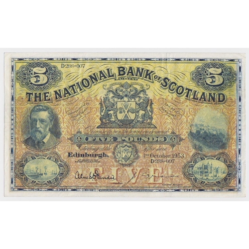 421 - Scotland, National Bank of Scotland 5 Pounds dated 1st October 1953 signed Dandie & Brown, large not... 