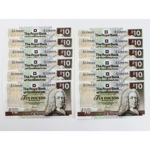 426 - Scotland, Royal Bank of Scotland 10 Pounds (12) dated 20th December 2007, a consecutively numbered r... 