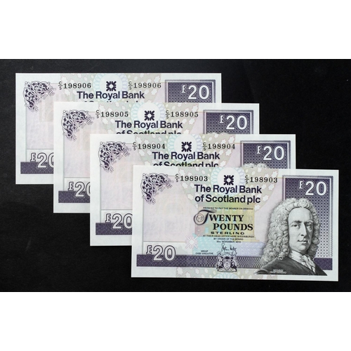 430 - Scotland, Royal Bank of Scotland 20 Pounds (4) dated 30th November 2010, a consecutively numbered ru... 