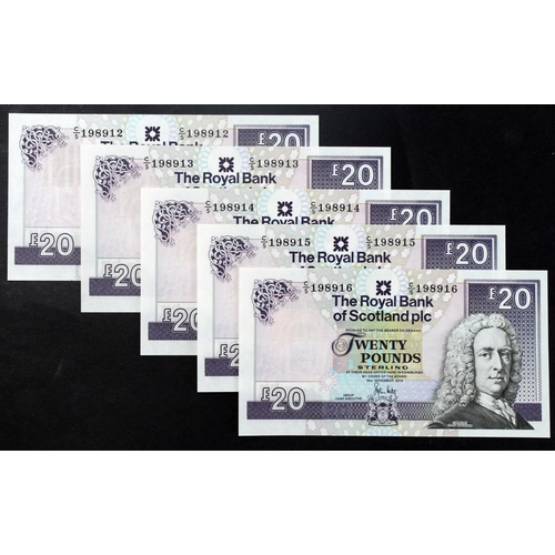 432 - Scotland, Royal Bank of Scotland 20 Pounds (5) dated 30th November 2010, a consecutively numbered ru... 