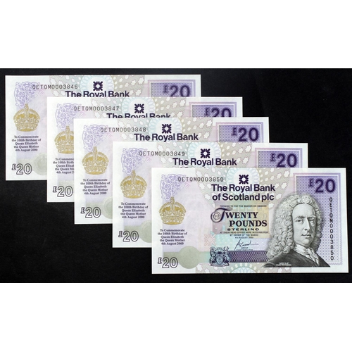 433 - Scotland, Royal Bank of Scotland 20 Pounds (5) dated 4th August 2000, Commemorative 100th Birthday o... 