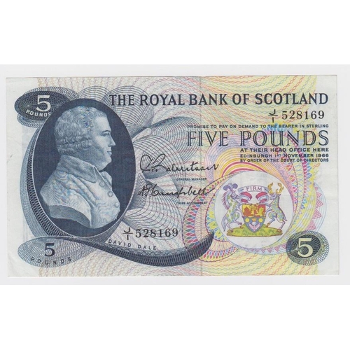 441 - Scotland, Royal Bank of Scotland 5 Pounds dated 1st November 1966, FIRST RUN 'J/1' prefix, signed Ro... 