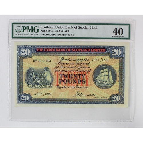 450 - Scotland, Union Bank 20 Pounds dated 19th June 1951, signed John A. Morrison, serial A057/095 (PMS U... 