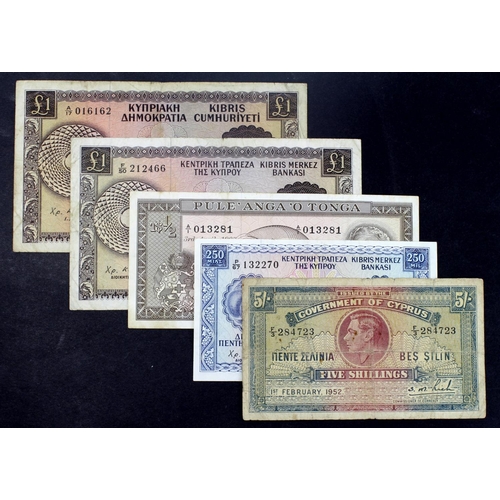 519 - Cyprus (4) and Tonga (1), 5 Shillings dated 1st February 1952, portrait King George VI top centre, s... 