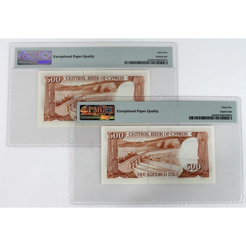 520 - Cyprus 500 Mils (2) dated 1st June 1982, a consecutively numbered pair, serial B927861 and B927862 (... 