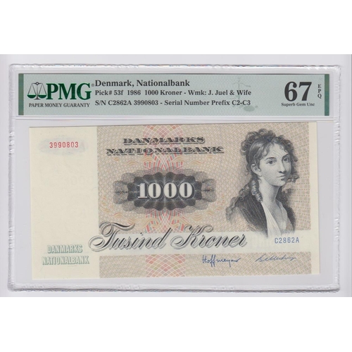 522 - Denmark 1000 Kroner dated 1986, serial C2862B 3990803 (TBB B924e, Pick53f) in PMG holder graded 67 E... 