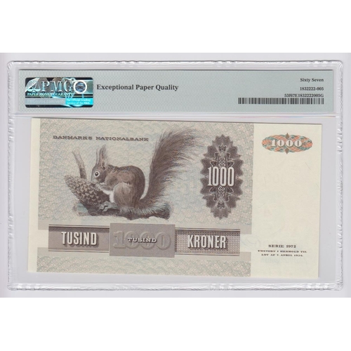 522 - Denmark 1000 Kroner dated 1986, serial C2862B 3990803 (TBB B924e, Pick53f) in PMG holder graded 67 E... 