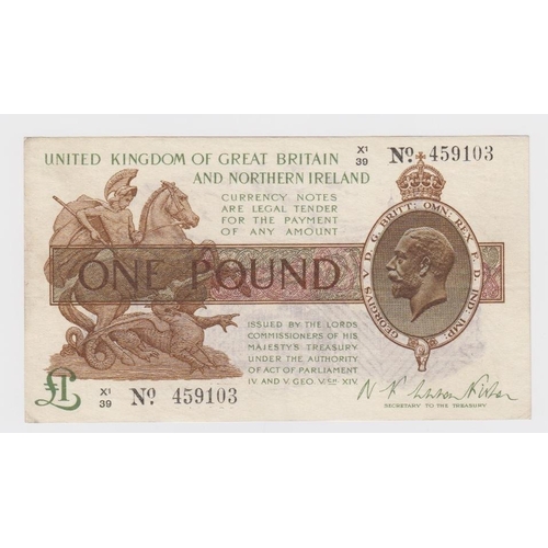 65 - Warren Fisher 1 Pound (T34, Pick361a) issued 1927, rarer Great Britain & Northern Ireland issue, LAS... 