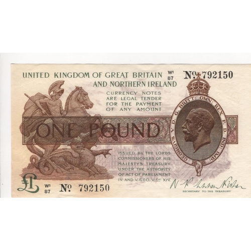 66 - Warren Fisher 1 Pound (T34, Pick361a) issued 1927, rarer Great Britain & Northern Ireland issue, ser... 