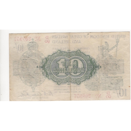 67 - Warren Fisher 10 Shillings (T25, Pick356) issued 1919, rarer FIRST SERIES, serial D/90 208957, No. w... 