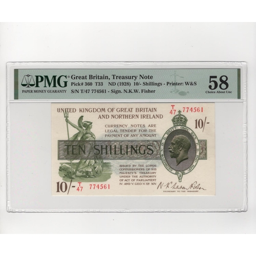 72 - Warren Fisher 10 Shillings (T33, Pick360) issued 1927, FIRST SERIES 'T' prefix, serial T/47 774561, ... 