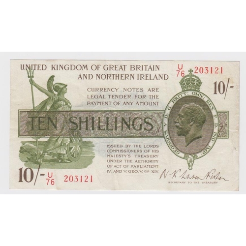 74 - Warren Fisher 10 Shillings (T33, Pick360) issued 1927, serial U/76 203121, Great Britain & Northern ... 