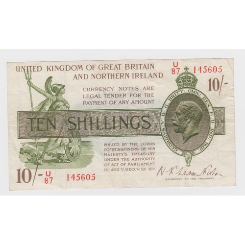 75 - Warren Fisher 10 Shillings (T33, Pick360) issued 1927, serial U/87 145605, Great Britain & Northern ... 