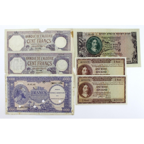 857 - World, Africa (6) comprising Algeria 100 Francs (2) dated 1928, Congo Democratic Republic 1000 Franc... 