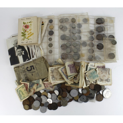 1057 - GB & World Coins & Banknotes, quantity in a shoebox, silver noted, plus some postcards.