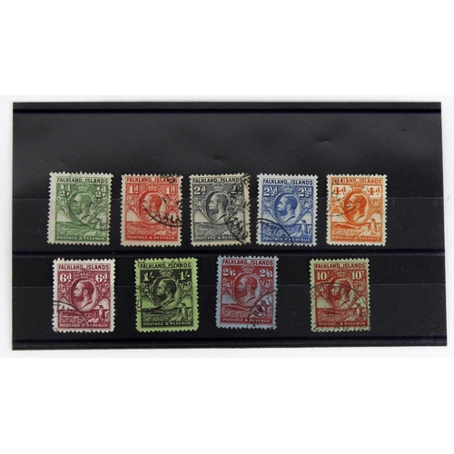 108 - Falkland Islands GV 1929 part set used up to 10s (missing 5s and £1), cat £423. (9)