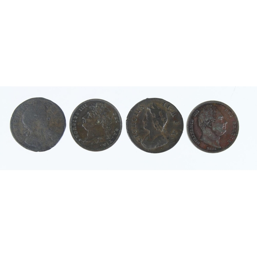 1139 - GB Farthings (4): 1698 in exergue, rare, Peck 663, Fair with surface marks; 1736 triple tie, Peck 86... 