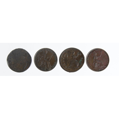 1139 - GB Farthings (4): 1698 in exergue, rare, Peck 663, Fair with surface marks; 1736 triple tie, Peck 86... 