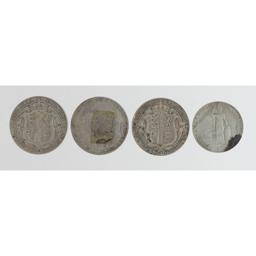 1202 - GB Silver (4) Edward VII: Halfcrowns: 1902 VG, 1907 Fine (tape mark), 1908 Fine, and Florin 190? Fai... 