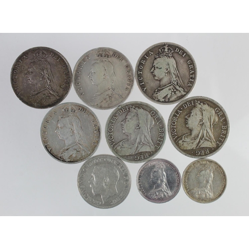 1209 - GB Silver (9) mostly Victorian Jubilee & veiled hd, mixed grade.