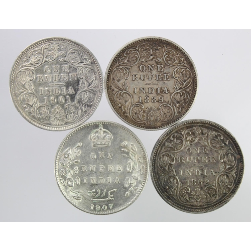 1253 - India Silver Rupees (4): 1862 GVF, 1889 VF, 1901 cleaned GVF, and 1907 nEF