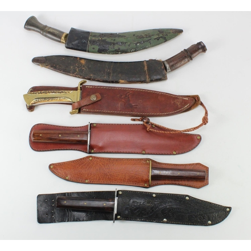 1582 - Kukri x2, and 4x Bowie Blade Knives in scabbards. (6)