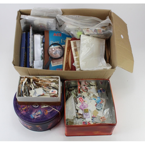 159 - Large quantity of used World stamps in packets, tins, boxes and in stockbooks. Assortment of accesso... 