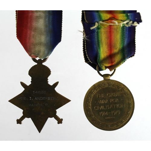 1656 - 1915 Star & Victory Medal (no BWM) to 14628 Pte I Anderson Manch R. Served 24th Bn (Oldham Pioneers)... 