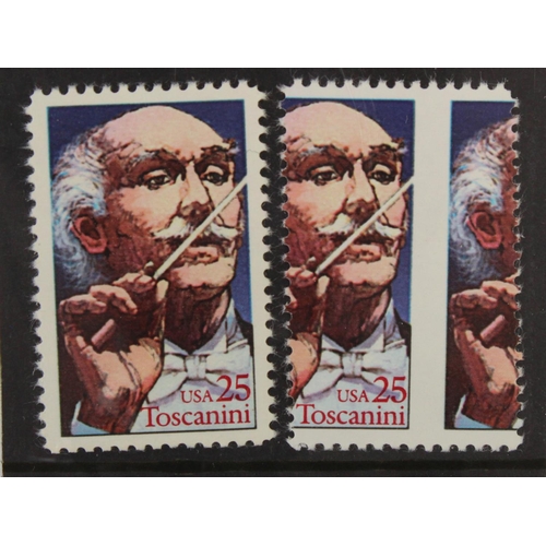 196 - USA misplaced perforation error horizontal shift 1989 Performing Arts Toscanini 25c stamp, Scott 241... 