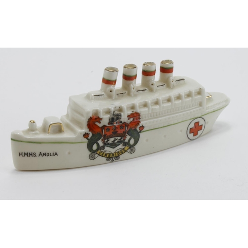 2367 - Crested china Hospital Ship with 4 funnels named HMHS Anglia, has a Cambridge crest and reads on one... 