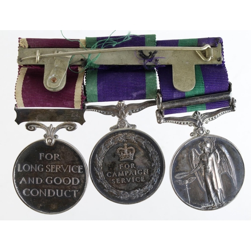 2414 - Group mounted as worn - GSM GVI with Malaya clasp (21128237 Cpl J D Laing R.Sigs), CSM QE2 with Sout... 