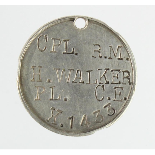 2434 - HMS Gloucester Casualty 11/1/1941 silver coin converted into an ID Tag, stamped 'CPL. R.M. H Walker ... 