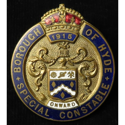 2551 - Police - WW1 Borough of Hyde Special Constable brass & enamel badge (dated 1915) with button hole fi... 