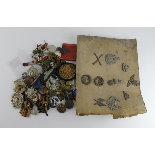 2638 - Shoebox of various military Cap badges, Sweetheart badges, Lapel badges, medals, etc. Some silver no... 