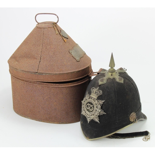 2678 - Victorian Blue Cloth Helmet with helmet plate 3rd VB South Staffordshire Regt, and original tin. Tin... 