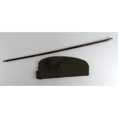 2734 - WW1 Royal Flying Corps Officers Side Cap and Cane. The cane has the R.F.C. logo.