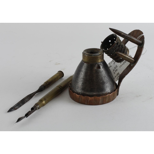 2742 - WW1 Trench Art Desk Set. The ink well has been made from a French 75mm shrapnel shell. 2 German bull... 