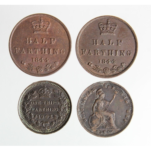 639 - Fractional Farthings (4): Half-Farthings: 1844 x2 GVF and EF; Third-Farthings: 1827 ex-mount nVF, an... 