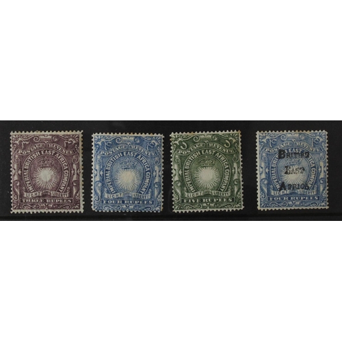 83 - British East Africa KUT group of stamps 1890 3 rupees, 4r, 5r and 1895 Imperial Administration 4 rup... 