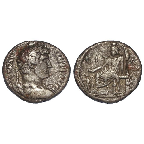 977 - Roman Provincial: Hadrian, Alexandria, Egypt BI tetradrachm. Rev: Serapis enthroned l. extending r. ... 