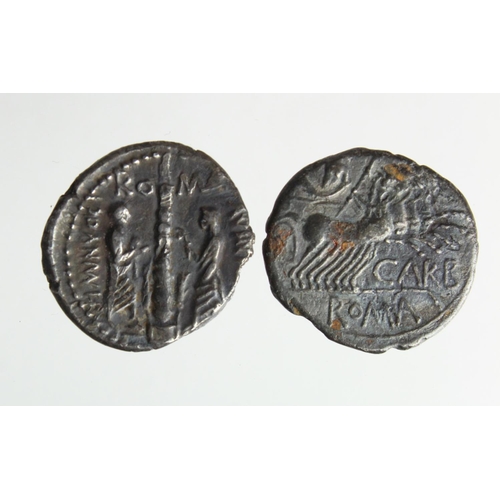 981 - Roman Republican denarii (2): M. Papirus Carbo, Roma / Jupiter in quadriga; Crawford 276/1, GF, and ... 