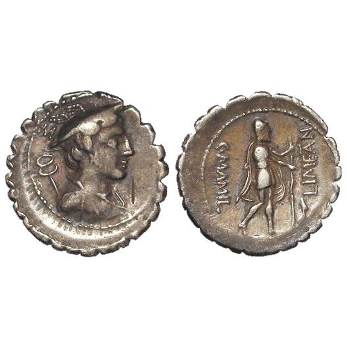 983 - Roman Republican silver denarius serratus of C. Mamilius Limetanus c.82 BC, Mercury r. / Ulysses std... 