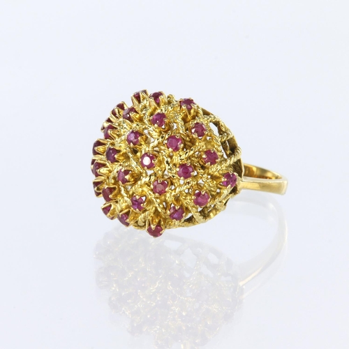 106 - 18ct yellow gold bombe style dress ring set with thirty round rubies measuring approx. 1mm diameter ... 