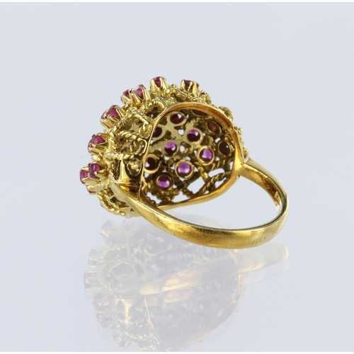 106 - 18ct yellow gold bombe style dress ring set with thirty round rubies measuring approx. 1mm diameter ... 