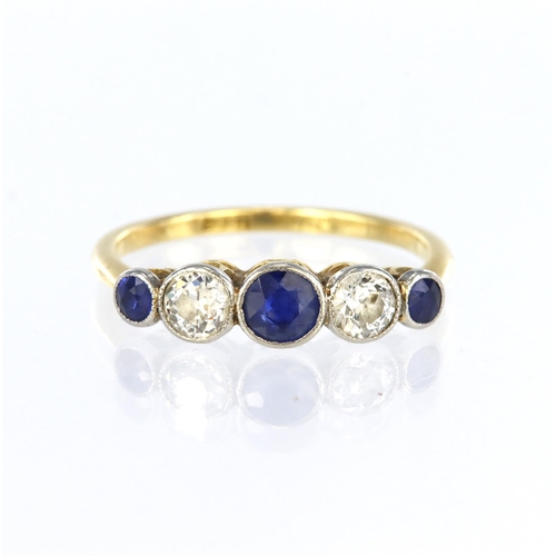 113 - 18ct yellow gold graduated five stone ring set with three round sapphires measuring 4mm and 2.5mm di... 