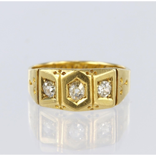 12 - 18ct three stone diamond ring, hallmarked Chester 1884, size M, weight 4.5g